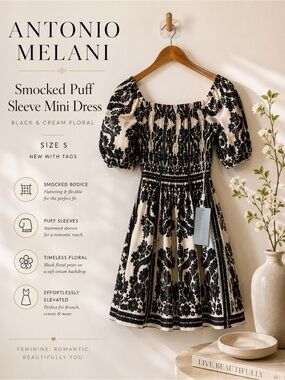 Antonio Melani Smocked Floral Puff Sleeve Mini Dress Black Cream Size S NWT